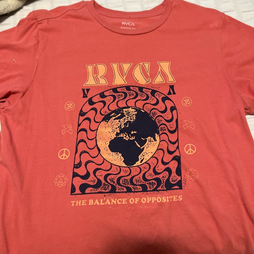 RVCA Coral Red Graphic Tee with Navy and Mustard Print